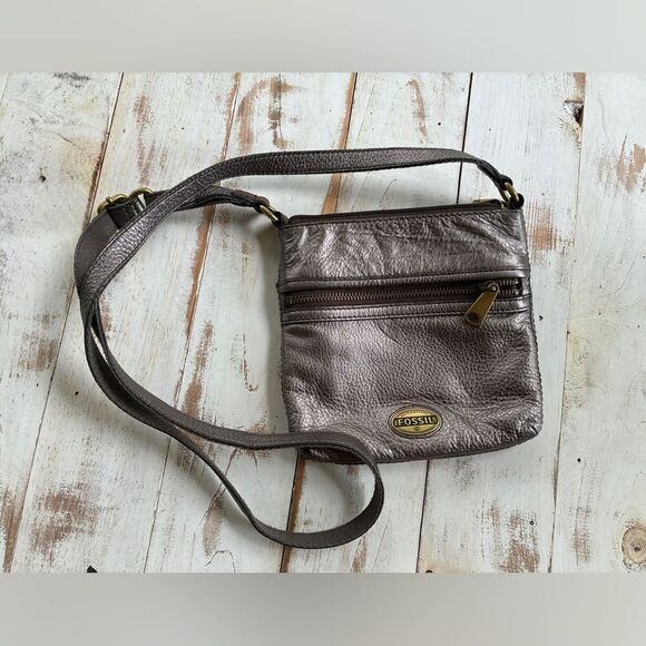 FOSSIL vintage 90s crossbody explorer bag leather purse metallic gun metal gray - Picture 2 of 16